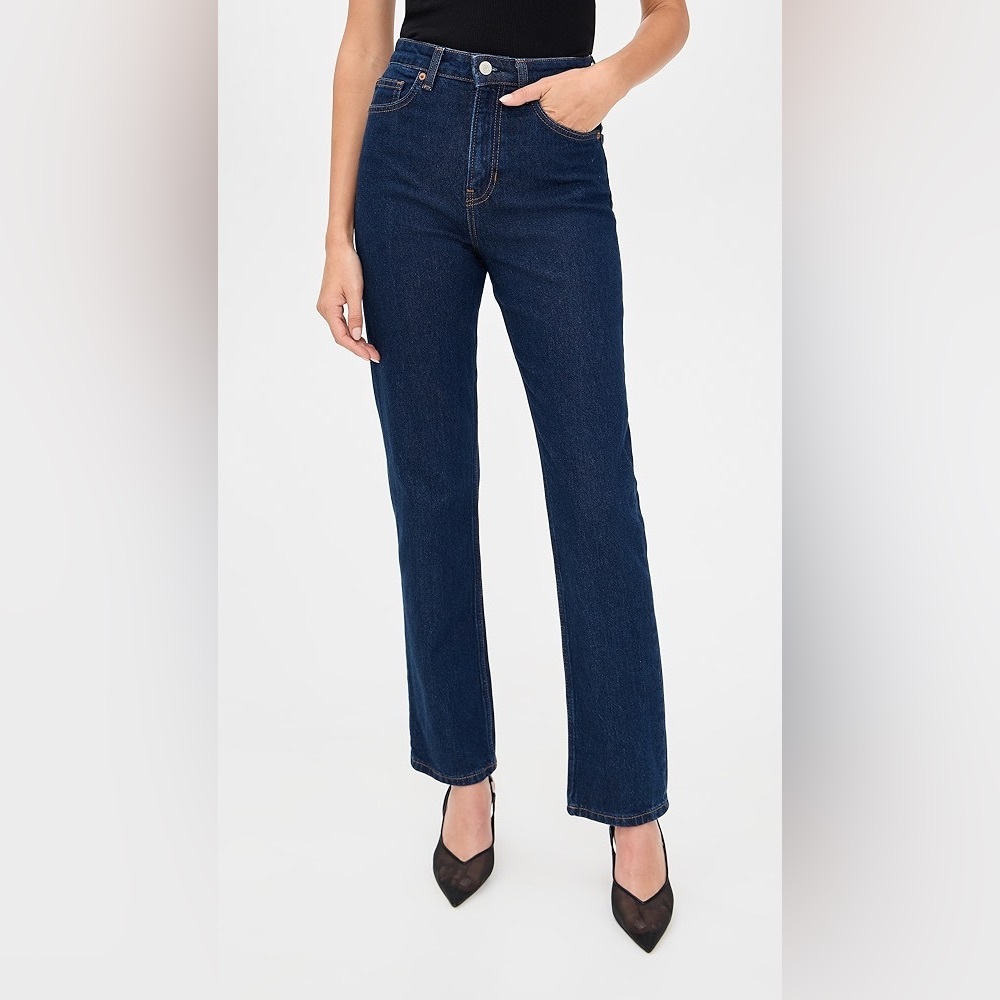 Reformation Jax Stretch High Rise Dark Wash Blue Straight Jeans size 30